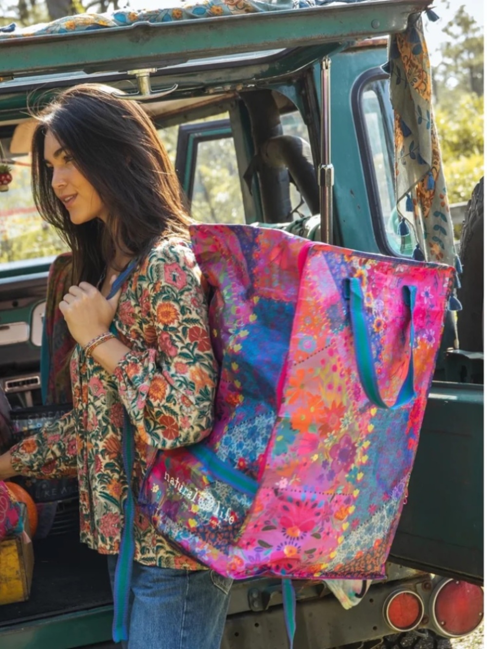 Natural Life XL Backpack Tote Bag - Washed Black Rose Patchwork NWT
